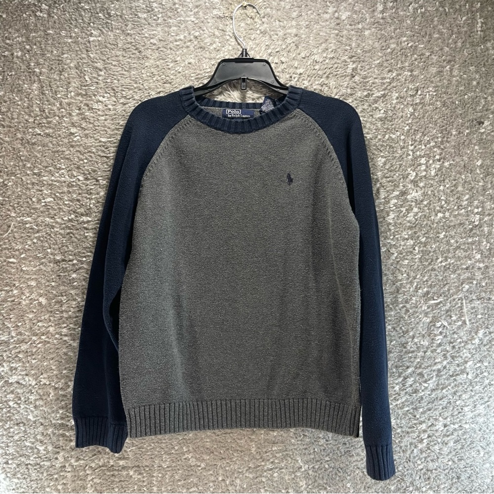 Vintage Polo By Ralph Lauren Boys Sweater M Gray Blue Pony Crew Neck Preppy